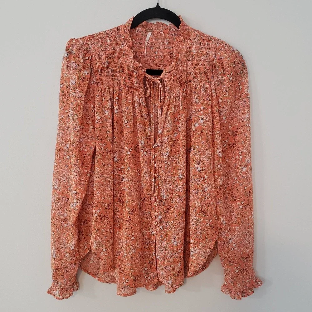 Free People Lela Flowy Boho Top SM Fairy Peasant Sheer Oversized Floral Women‎